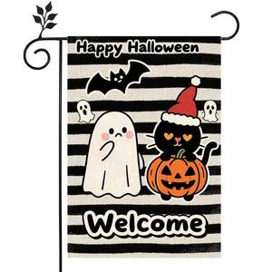lot 2642 image: Happy Halloween Flag 12x18 Inch,Cute Ghost Cat Pumpkin Yard Flags Burlap Double Sided for Halloween Farmhouse Holiday Yard Seasonal Outdoor Outside Decoration - Retail $4