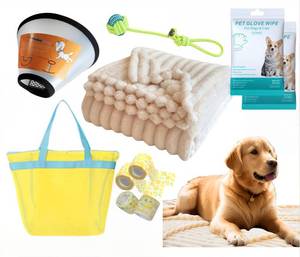 lot 2691 image: 10 Pcs Surgery Recovery Kit for Dogs Adjustable Dog Cone &amp Fluffy Dog Blanket (40x48) Get Well Soon Cleaning Wipes,Calming Toy, Bandages &amp Mesh Bag Sympathy Gift for Pet (yellow-L) - Retail $14