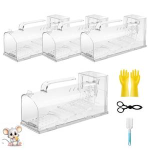 lot 2705 image: 2025 Humane Mouse Trap,Sensitive Catch and Release Mouse Trap IndoorOutdoor,4Pack Reusable Mice Trap Non Killer for Rat,No Touch Release,Small Rodent Capture Cage Includes Cleaning Brush,Clips,Gloves - Retail $22