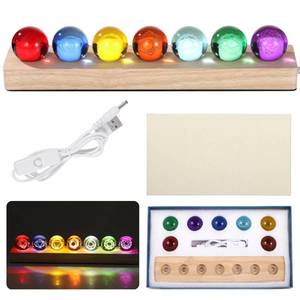 lot 2719 image: LUMINFLY Crystal Healing Spheres, Seven Pcs with Led Wooden Stand, 1.5 Inch Energy Glass Balls Colorful Set, with Carvings Geometric Inside, Night Ambient Light Decor for Home Office & Meditation - Retail $53