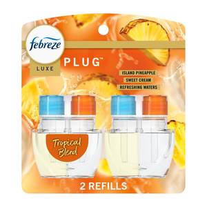 lot 2720 image: Febreze Plug In Air Freshener, Odor-Fighting Scented Oil Refill, Tropical Blend Scent, 2 Refill - Retail $12
