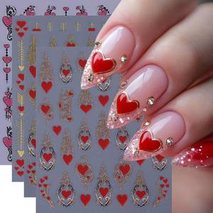 lot 2814 image: Valentines Day Nail Art Stickers, Gold Love Heart Nail Decals 3D Self Adhesive with Red Love Heart Arrow Flower Design 4Pcs Glitter Valentines Day Nail Decoration Supplies for Women Girls - Retail $7