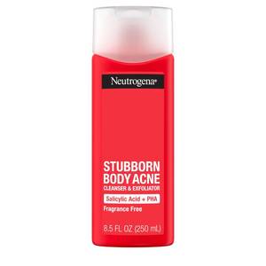lot 2835 image: Neutrogena Salicylic Acid & PHA Stubborn Acne Body Wash, Exfoliating Cleanser Acne Treatment for Chest & Shoulder, Gently Clears, Exfoliates & Helps Prevent Breakouts, Fragrance Free, 8.5 Fl Oz - Retail $16