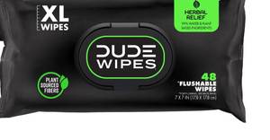 lot 2838 image: DUDE Wipes Herbal Relief Flushable Wipes - Extra-Large Adult Wet Wipes -  (48 Count) - Infused with Soothing Witch Hazel, Geranium Essential Oils, Vitamin E, and Aloe - Septic and Sewer Safe - Retail $25
