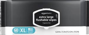 lot 2850 image: Amazon Basics Extra Large Flushable Wipes, 60 Wipes (1 Pack of 60), Adult Wet Wipes and Resealable Closure, Packaging May Vary - Retail $17