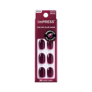 lot 2854 image: Kiss Impress No Glue Mani Press On Nails Kit, Over You, 30 Red Peel and Stick Nails, Super Slim Short Squoval, Glossy Gel Finish, PureFit Technology, Includes Prep Pad, Manicure Stick & Mini File - Retail $9