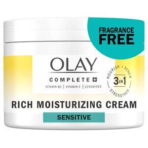 lot 2871 image: Olay Face Moisturizer, Complete Rich Moisturizing Cream - Fragrance-Free, Gentle for Dry & Sensitive Skin, 3-in-1 Hydrating to Strengthen, Nourish, Renew - Niacinamide, Vitamin E, & Ceramides, 8.5 oz - Retail $27