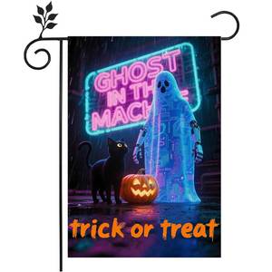lot 2928 image: dmjuncong Halloween Trick Or Treat Garden Flag 12x18 Inch,Ghost Cat Pumpkin Yard Flags Burlap Double Sided for Halloween Farmhouse Holiday Yard Seasonal Outdoor Outside Decoration - Retail $4