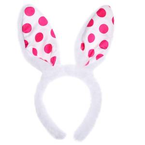 lot 2930 image: RUNUP 1PC Rabbit Easter White Plush Bunny Ears Headband with Rose Pink Dotted Print Hairband for Women,Girls,Adjustable and Comfortable Hair Accessory - Retail $7