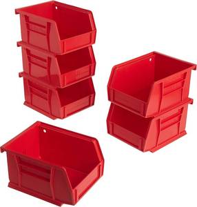 lot 2945 image: Akro-Mils 30210 AkroBins Plastic Storage Bins, Space-Saving Stackable Bins for Garage, Pantry, Craft Organization, 5 x 4 x 3, Red, 6-Pack - Retail $20