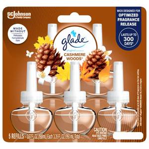 lot 2951 image: Glade PlugIns Refills Air Freshener, Scented and Essential Oils for Home and Bathroom, Cashmere Woods, 3.35 Fl Oz, 5 Count - Retail $12