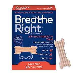 lot 2995 image: Breathe Right Nasal Strips, Extra Strength Tan Nose Strips, Drug-Free Nasal Congestion Relief for Better Breathing, Help Relieve Snoring, Caused by Colds & Allergies, Deviated Septum, 26ct - Retail $12