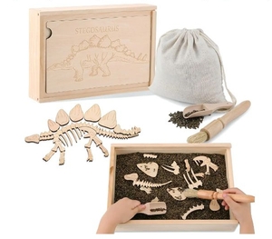 lot 3009 image: Dino Excavation Archaeology Dig Kit, Fossil Digging Kit for Kids, Dinosaur Skeletons Bones Puzzle Game with Wooden Storage Box, STEM Toys for Boys and Girls (Stegosaurus) - Retail $40