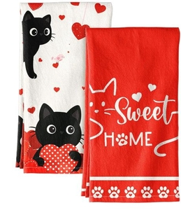 lot 3013 image: Miss Adola Valentine Day Kitchen Towels Set of 2 - Flour Sack Tea Towels with Hanging Loop 18x26 Inch Sweet Home Hand Dish Cloths Red Hearts Cats Absorbent Reusable Dishcloths Cute Valentine Decor