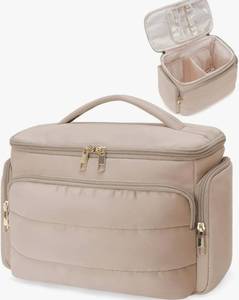 lot 3021 image: WANDF Travel Toiletry Bag for Women, Wide-open Large Makeup Bag with Handle, Puffy Makeup Organizer for Toiletries, Cosmetics, Accessories, Essentials (Light Pink) - Retail $22