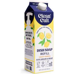 lot 3027 image: Clean Cult Liquid Dish Soap Refill - Lemon Verbena - 32 fl oz Carton, Removes Grease, Dissolves Food, Ceramic Dishes - Retail $10