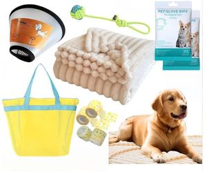 lot 3037 image: 10 Pcs Surgery Recovery Kit for Dogs Adjustable Dog Cone &amp Fluffy Dog Blanket (40x48) Get Well Soon Cleaning Wipes,Calming Toy, Bandages &amp Mesh Bag Sympathy Gift for Pet (yellow-L) - Retail $15
