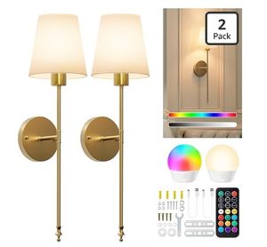 lot 3064 image: Brightown Battery Operated Wall Sconces Set of Two, RGBWW Wireless Rechargeable Wall Lights with Dimmable Magnetic Bulbs and Remote, Gold Wall Lamp for Living Room Bedroom Hallway Decor - Retail $60