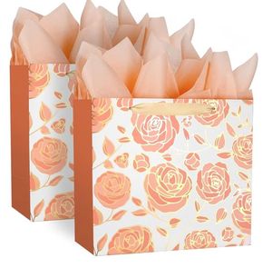 lot 3139 image: DecorWoo 2 Pack 13 Rose Gold Large Paper Gift Bag, with Tissue Paper and Greeting Card, Foil Flowers Pattern, for Mothers Day Birthdays Tea Party Anniversaries Special Loved One - Retail $10