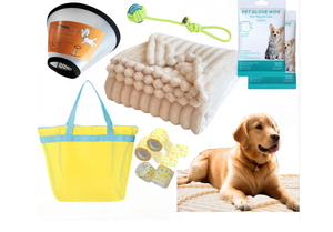 lot 3226 image: 10 Pcs Surgery Recovery Kit for Dogs Adjustable Dog Cone &amp Fluffy Dog Blanket (40x48) Get Well Soon Cleaning Wipes,Calming Toy, Bandages &amp Mesh Bag Sympathy Gift for Pet (yellow-L) - Retail $14