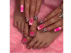 lot 3236 image: 48Pcs Square Press on Nails Medium & Press on Toenails Set, French Tip Press on Nails with Leopard Print Design Fake Nails 3D Flower Press on Toe Nails for Women Manicure Kit - Retail $9