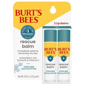 lot 3251 image: Burts Bees 100% Natural Origin Rescue Lip Balm With Beeswax and Antioxidant-Rich Turmeric Promotes Healing Of Extremely Dry Lips, Cooling Eucalyptus, 2 Tubes in Blister Box(Pack May Vary) - Retail $10
