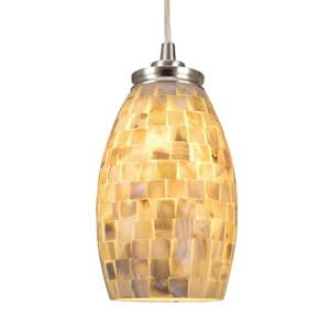 lot 3269 image: Kira Home Coast 9  Modern Oval Mini Pendant Light  Hand-Crafted Mosaic Sea Shell Glass  Brushed Nickel  Neutral Color - Retail $132