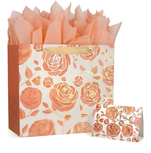 lot 3282 image: DecorWoo Rose Gold Large Gift Bag 13, Floral Gift Bag with Tissue Paper &amp Greeting Card, Elegant Birthday Gift Bags for Women, Bridal Shower, Mothers Day, Anniversary&nbsp