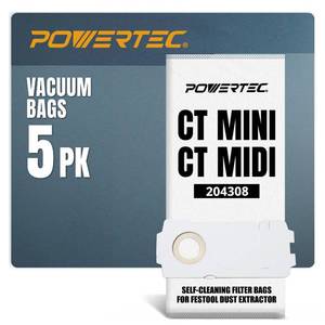 lot 3290 image: POWERTEC 204308 Selfclean Filter Bags for Festool CT MINI, CT MIDI (from 2019 onwards) and CT15 Dust Extractor, Vacuum Bags for Festool CT MiniMidi-2, 5 Pack (75085) - Retail $23