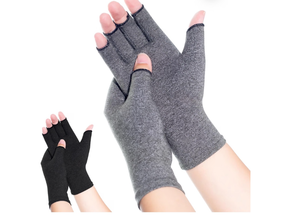 lot 3307 image: Compression Arthritis Gloves, 2 Pairs Hand Support Glove for Pain, Fingerless Compression Gloves for Women & Men, Isotoner Compression Gloves (Black and Grey, Medium) - Retail $6