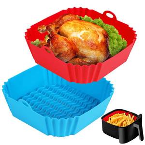 lot 3336 image: Boribim 2 PCS Square Silicone Air Fryer Liners - 8 Inch Reusable Air Fryer Pot - Air Fryer Accessories - Air Fryer Inserts for 4 to 7 QT Oven Microwave Accessories (Red  Blue) - Retail $10