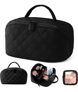 lot 3340 image: Makeup Bag, Quilted Makeup Bag, Cosmetic Organizer Bag, Travel Makeup Bag, Waterproof Pouch Toiletry Bag for Women Makeup Organizer Case (Black) - Retail $19