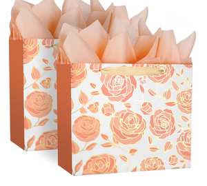 lot 3341 image: DecorWoo 2 Pack 13 Rose Gold Large Paper Gift Bag, with Tissue Paper and Greeting Card, Foil Flowers Pattern, for Mothers Day Birthdays Tea Party Anniversaries Special Loved One - Retail $10