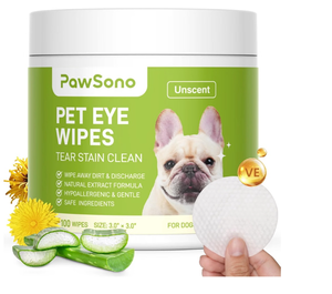 lot 3349 image: Eye Wipes for Dogs & Cats, Hypoallergenic Dog Eye Wipes Cleaner, Natural Cleaning Grooming Pet Wipes Gently Remove Tear Stain, Eye Debris, Discharge, Mucus, Non-Irritating, Unscent, 100 pcs - Retail $7