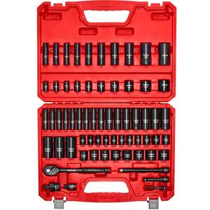 lot 3360 image: VEVOR Impact Socket Set 38 Drive, 64-Piece Standard SAE (516 to 1 inch) & Metric (6 to 24 mm) Size, Deep & Shallow, 6 Point, CR-V, Ratchet Handle, Extension Bars, Universal Joint, Adapters - Retail $52