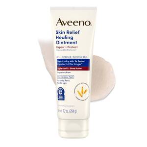 lot 3392 image: Aveeno Skin Relief Healing Ointment, for Extra Dry, Cracked & Sensitive Skin, 72-Hour Protectant with Triple Oat, Shea Butter & Glycerin, Fragrance-Free for Body, Face, Hands, Lips 7.2 oz - Retail $13