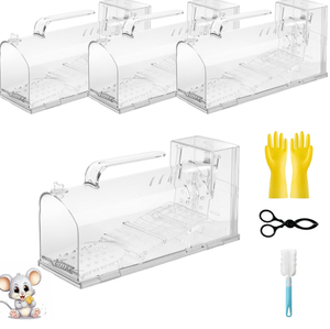 lot 3396 image: 2025 Humane Mouse Trap,Sensitive Catch and Release Mouse Trap IndoorOutdoor,4Pack Reusable Mice Trap Non Killer for Rat,No Touch Release,Small Rodent Capture Cage Includes Cleaning Brush,Clips,Gloves - Retail $22