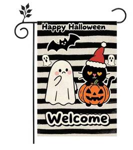 lot 3404 image: Happy Halloween Flag 12x18 Inch,Cute Ghost Cat Pumpkin Yard Flags Burlap Double Sided for Halloween Farmhouse Holiday Yard Seasonal Outdoor Outside Decoration -