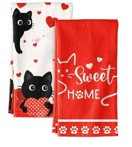 lot 3406 image: Miss Adola Valentine Day Kitchen Towels Set of 2 - Flour Sack Tea Towels with Hanging Loop 18x26 Inch Sweet Home Hand Dish Cloths Red Hearts Cats Absorbent Reusable Dishcloths Cute Valentine Decor&nbsp
