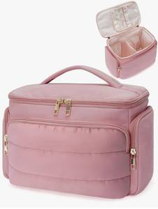 lot 3447 image: WANDF Travel Toiletry Bag for Women, Wide-open Large Makeup Bag with Handle, Puffy Makeup Organizer for Toiletries, Cosmetics, Accessories, Essentials (Dusty Pink)&nbsp