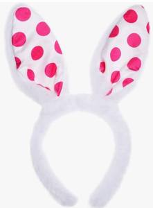 lot 3448 image: RUNUP 1PC Rabbit Easter White Plush Bunny Ears Headband with Rose Pink Dotted Print Hairband for Women,Girls,Adjustable and Comfortable Hair Accessory
