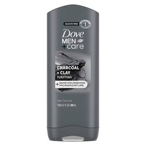 lot 3474 image: DOVE MEN  CARE Purifying Charcoal  Clay Body and Face Wash with 24-Hour Nourishing Micromoisture Technology Body Wash for Men, 13.5 oz - Retail $8
