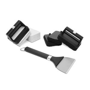 lot 3499 image: Weber Griddle Cleaning Kit, 8 Piece&nbsp Heavy Duty Griddle Scraper, Scour Pads, Cleaning Stones &amp Easy Grip Handles for Deep Flat Top Grill Cleaning, Griddle Accessory Bundle - Retail $40