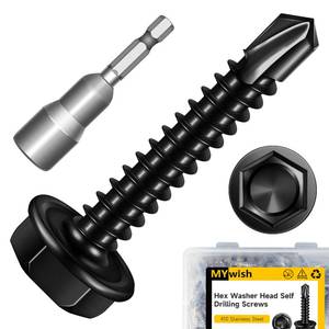 lot 3534 image: Mywish 100pcs #8 x 1 Self Drilling Screws for Metal, 410 Stainless Steel Hex Washer Head Self Drilling Screws, Black Oxided Self Tapping Sheet Metal Tek Screw Fast Tapping - Retail $10