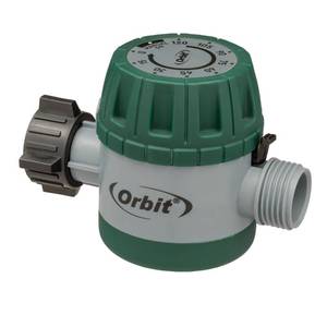 lot 3542 image: Orbit Mechanical Water Timer - Adjustable Irrigation Shutoff for Lawn & Garden Watering - Battery-Free Clockwork Hose Faucet Timer with Easy Grip Dial & Manual Bypass - 62034 - Retail $9