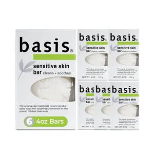 lot 3553 image: Basis Sensitive Skin Bar Soap for Body, Hands and Face, Unscented Soap Bar for Sensitive Skin with Chamomile and Aloe Vera, Bar Soap Bulk Pack, 4 Oz Bar, Pack of 6 - Retail $11