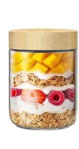 lot 3561 image: qiaomifeng  16oz Glass Jars with Bamboo Lids, Overnight Oats Containers with Airtight Lids, Storage Containers Wide Mouth Mason jars for Salad,Yogurt, Sugar, Snacks, Spices - Retail $9