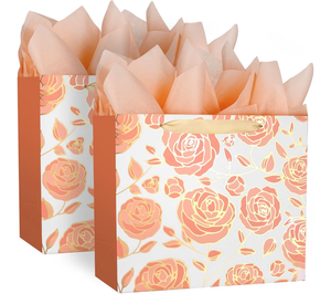lot 3580 image: DecorWoo 2 Pack 13 Rose Gold Large Paper Gift Bag, with Tissue Paper and Greeting Card, Foil Flowers Pattern, for Mothers Day Birthdays Tea Party Anniversaries Special Loved One - Retail $10