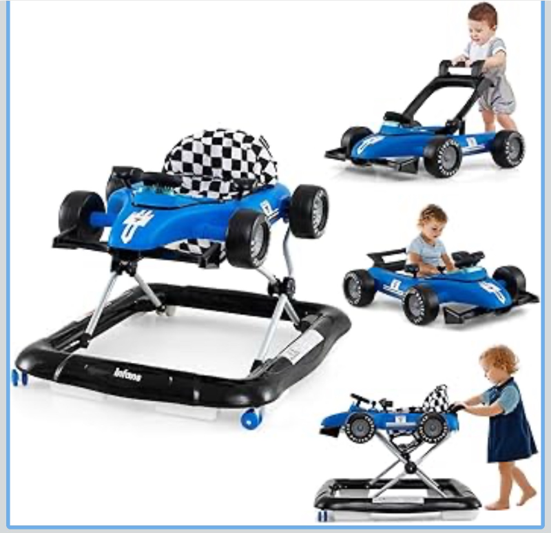 lot 4002 image: INFANS 4 in 1 Baby Walker, Foldable Toddler Activity Center with Adjustable Height, Padded Seat, Music, Light, Removable Tray, Push Walker for Girls Boys Aged 6-18 Months (Blue) - Retail $80