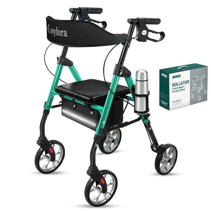 lot 4001 image: Cosydora Rollator Walkers for Seniors with Seat, 13.6 Lbs Ultra Lightweight Foldable Rolling Walker, 350Lbs Heavy Duty Aluminum, 8 All Terrain Wheels, Dual Adjustable Height, Shimmer Green - Retail $130